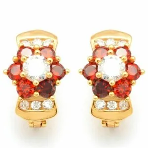 Authentic New Yellow Gold Plated Garnet Red & White Round CZ Flower Huggie U Hoop Earrings