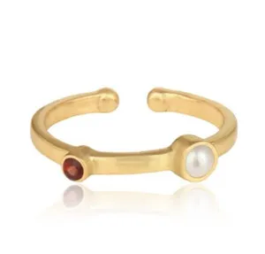 Authentic 2 Stone Ring Gold Plated Round Red Garnet & White Pearl Gemstone Adjustable Ring
