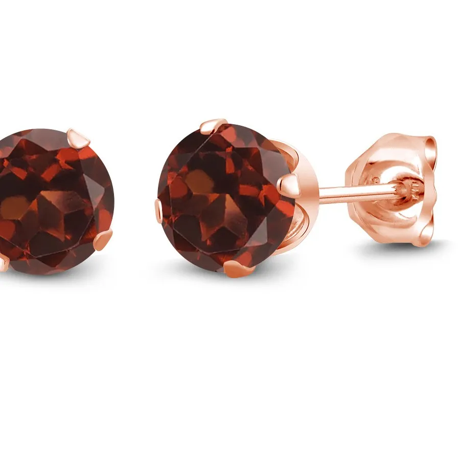 Authentic 1.20 Ct Round Shape Red Garnet 18K Rose Gold Plated Silver Stud Earrings