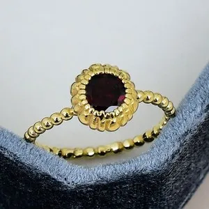 Authentic Red Garnet Ring Gold 925 Silver Vintage Halo Round Gemstone Promise Ring Gift
