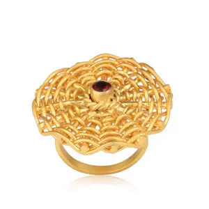 Authentic Red Garnet Round Woven Style Gold Plated Handmade Ring Marriage Party Jewelry