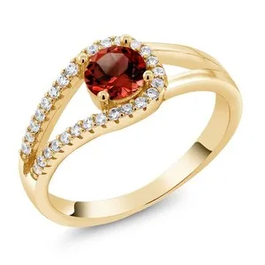 Authentic 0.90 Ct Round Red Garnet 18K Yellow Gold Plated Silver Ring