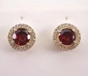 Authentic 2Ct Round Cut Lab-Created Red Garnet Halo Stud Earrings 14K Yellow Gold Plated