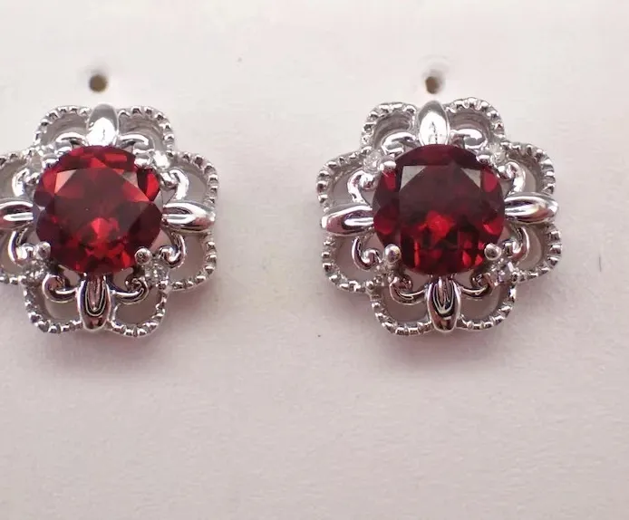 Authentic Blooming Love and Passion: Red Garnet Flower Stud Earrings
