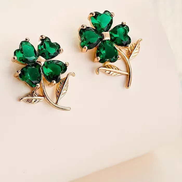 Authentic Green Clover Stud Earrings 14K Gold Plated CZ Lucky Charm Women