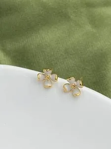 Authentic 14K Gold Plated 925 Sterling Silver White Four Leaf Clover Flower Stud Earrings