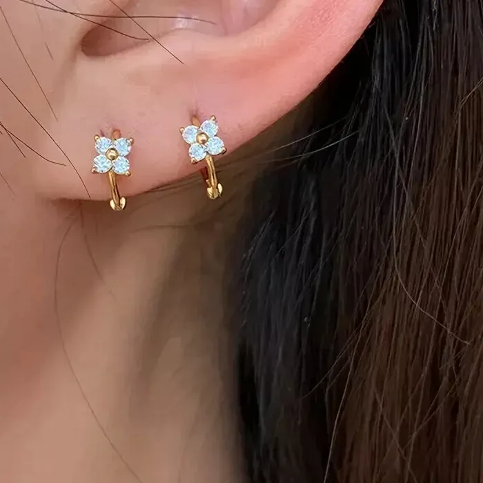 Authentic Dainty Clover Flower Hoop 14K Gold Plated Silver Elegant Huggie Hoop Earrings