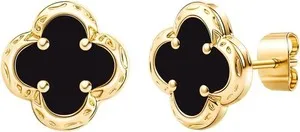 Authentic Elegant Black Onyx Clover Stud Earrings, 14K Gold Plated Four Leaf Hypoallergein