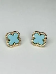 Authentic 14K Gold Plated Turquoise Clover Stud Earrings Pave Cubic Zirconia