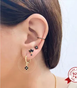 Authentic Sterling Silver Black CZ Clover Huggie Hoop Earrings 14K gold plated flower