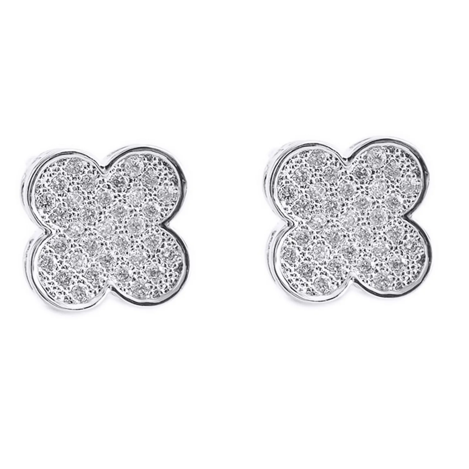 Authentic Radiant Four-Leaf Clover Talisman Studs in 14K White Gold Finish