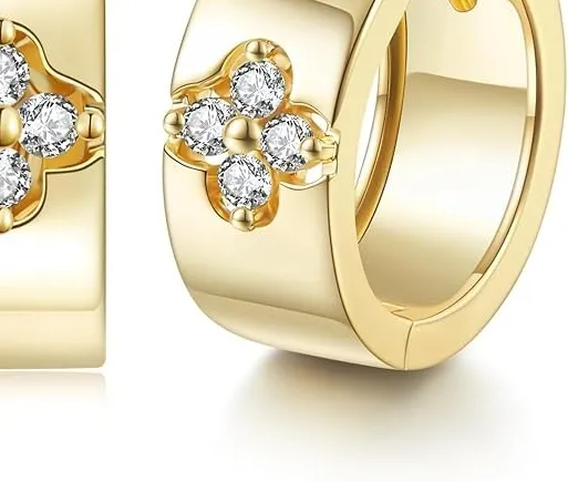 Authentic Clover Moissanite Hoop Earrings for Women, Four Leaf, 14K Gold Plated