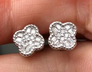 Authentic .58 ct Clover Moissanite Baguette Round Stud Earrings 14k Gold plated 925 Silver