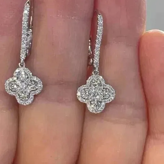 Authentic 2.2Ct Round Cut Lab Created Diamond Drop Clover Earrings 14K White Gold Plated