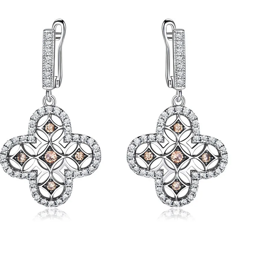 Authentic Enchanted Four-Leaf Clover Dangle Earrings – 14K White Gold-Plated Luck Charms