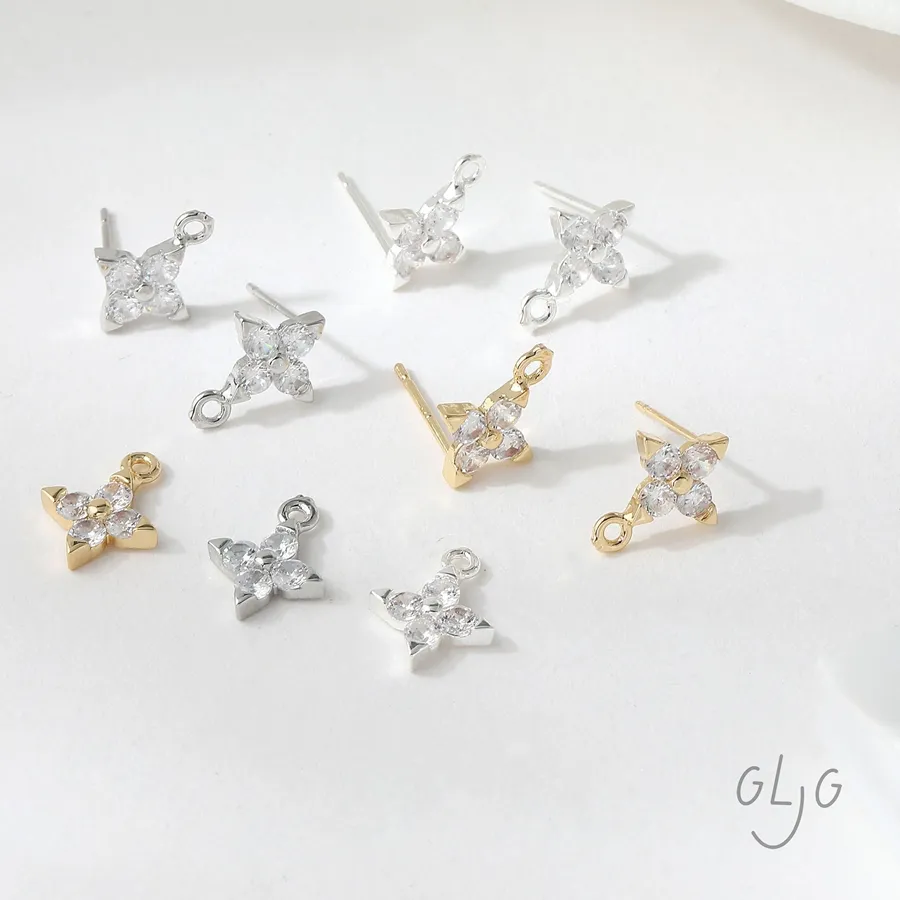 Authentic 4PCS 14K Gold Plated Inlaid Zircon Four Leaf Clover Earrings Pendant Jewelry Making Supplies DIY Material Accessories