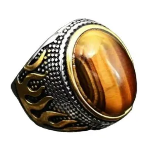 Authentic Us 2Pc Gold Plated Oval Tiger Eye Stone Ring Size 7 8 9- 11