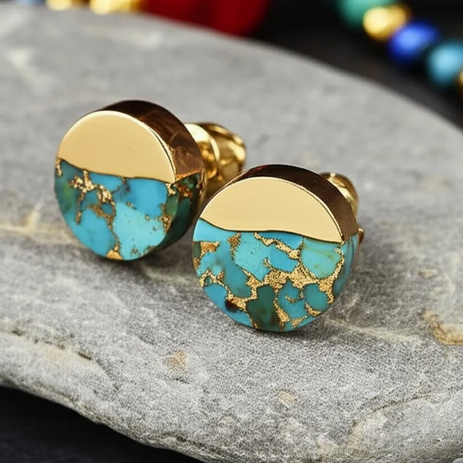 Authentic Celestial Skyward Talisman Handmade Natural Turquoise Gold- Plated Stud Earrings