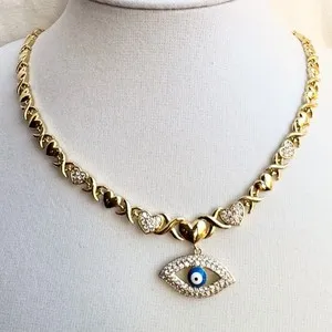 Authentic 14k Gold Plated Laminated Evil Eye XOXO Heart Pavé Crystal Link Necklace