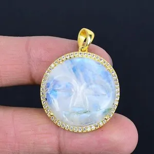 Authentic 925 Sterling Silver Rainbow Moonstone CZ Gold Plated Moon Face Pendant Necklace