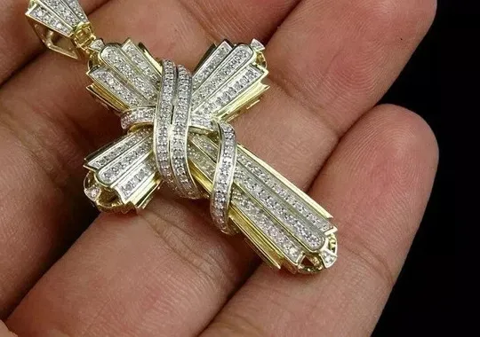 Authentic 14k Yellow Gold Plated 2CTW Round Cut Lab Created Diamond Men's Cross Pendant