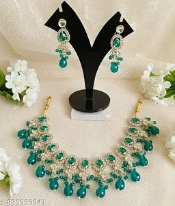 Authentic Green Collar Necklace Set | Gold Plated Choker with Matching Drop Earrings 