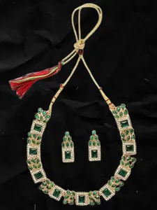 Authentic Sparkling Gold Plated Green AD Stone Collar Bone Necklace Set And Earring
