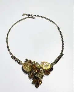 Authentic Vintage Gold Plated Brown Green Crystal Opaline Glass Collar Necklace