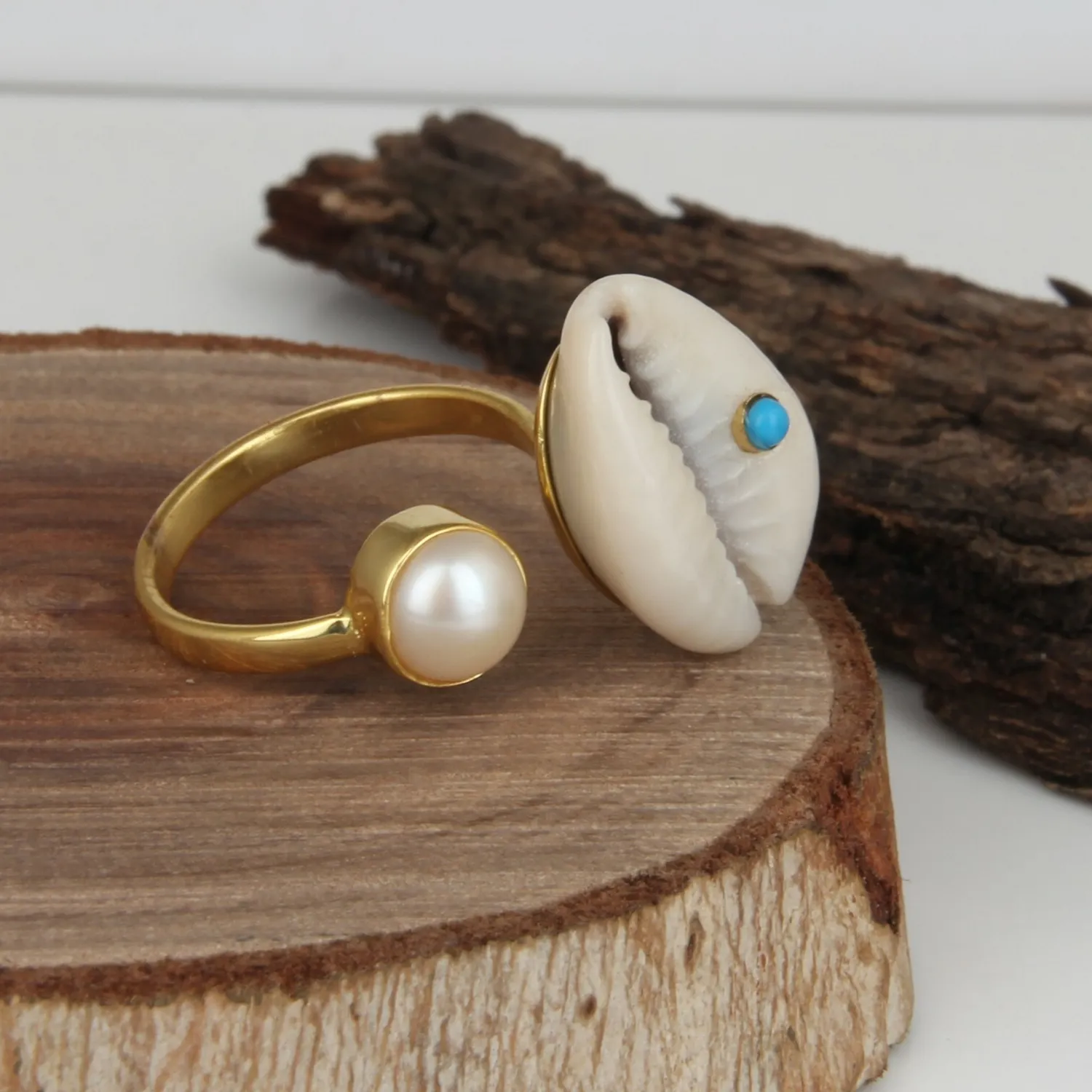 Authentic 18k Gold Plated Cowrie Shell Ring, Pearl Ring Jewelry, Summer Beach Jewelry