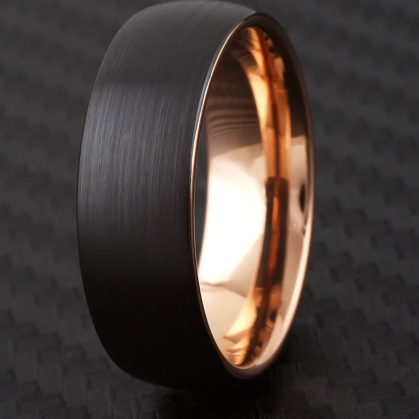 Authentic Black Brushed Tungsten Domed Rose Gold Plated Side & Inside Wedding Band Ring