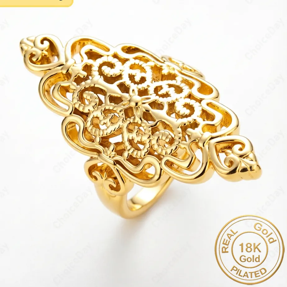 Authentic Charming 18K Gold Plated Vintage Openwork Wide Ring, Fashionable Women's Engagement Party Gift Accessories Jewelry