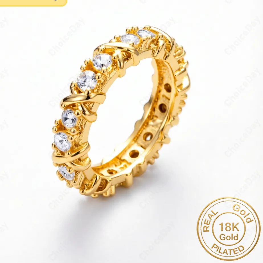 Authentic Charming 18K Gold Plated Delicate Intertwined Vines White Zircon Ring for Women, Fashionable Wedding Party Gift Jewelry