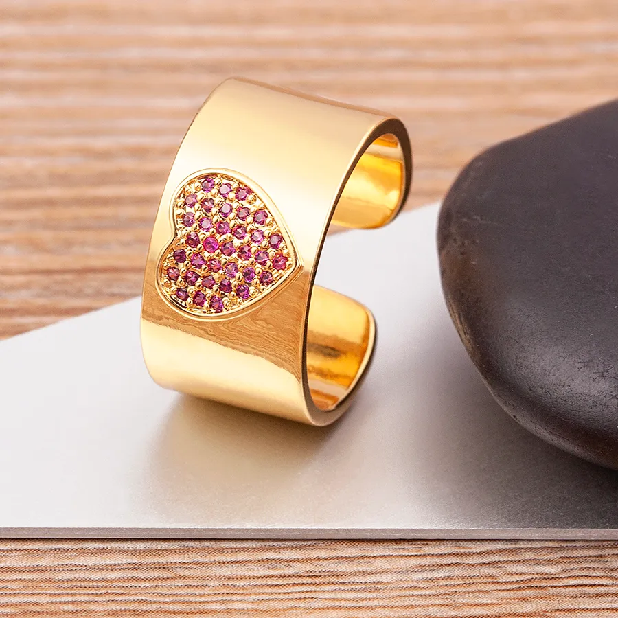 Authentic Nidin Hot Selling Heart Shape Pink Crystal Zircon Opening Adjustable Gold Plated Ring Women's French Romance Jewelry Charm Gift