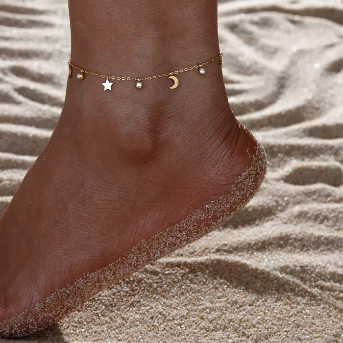 Authentic Celestial Orbit Zircon Star and Moon Gold-Plated Anklet