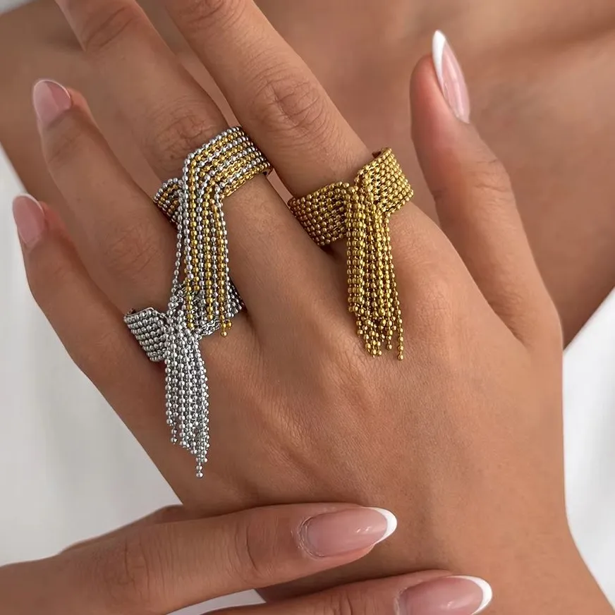 Authentic The Golden Cascade Open Ring with Flowing Chain Tassels