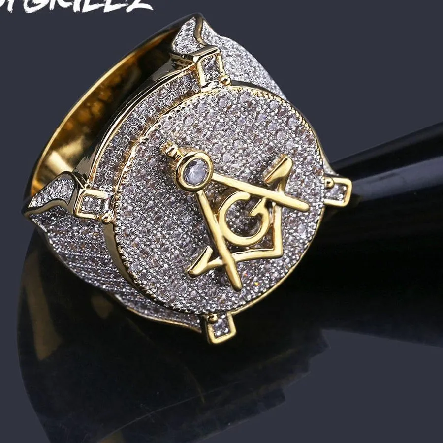 Topgrillz Hip Hop Gold Color Plated Iced Out Micro Pave Cubic Zircon Masonic Ring With 7 8 9 10 11