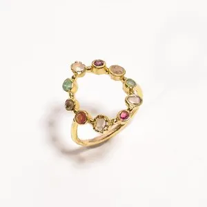 Multi Semi Precious Stone Ethnic Style 925 Sterling Silver Gold Plated Ring