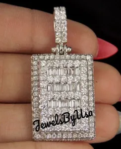 Authentic Celestial Canine 2 Carat Baguette Moissanite Dog Tag Pendant, Gold Plated Silver