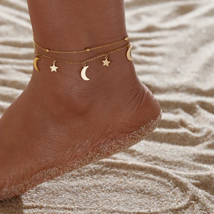 Authentic 316L 2025 Trendy Popular Jewelry 18K Gold-plated 2-Layer Stars Moon Charm Necklaces Anklets Chain For Women