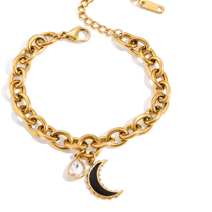 Authentic Minar Dainty Black Enamel Moon Rhinestone Charm Bracelets for Women 18K Gold PVD Plated Wide Linked Circle Chain