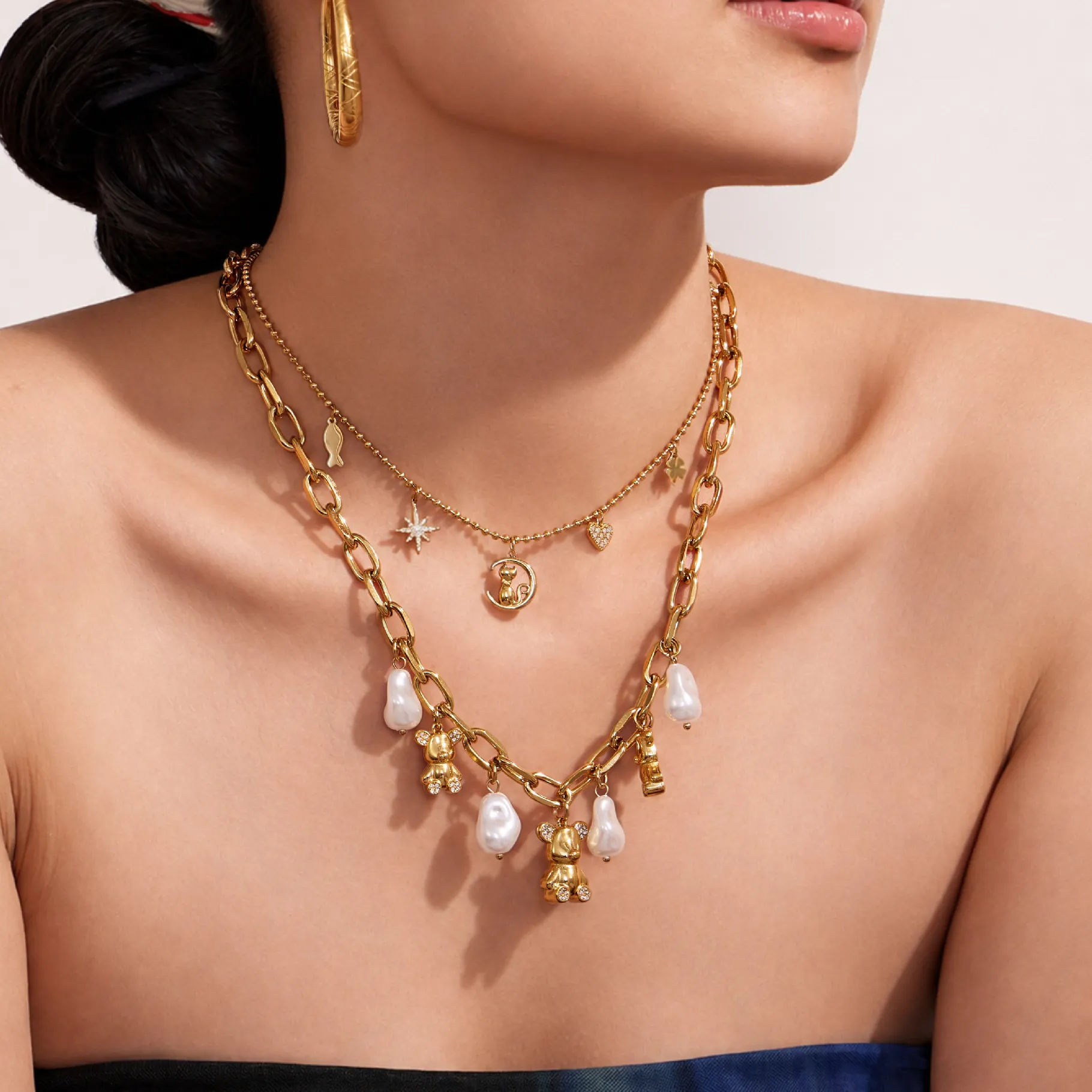 Authentic Bear Charm Baroque Pearl Layered Necklace Set 316L 18K Gold Plated Cute Cat Moon Star Zircon Necklaces Jewelry