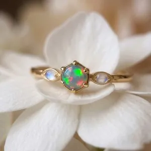 Authentic Gold Plated Opal & Moonstone Statement Ring, 925 Silver Minimalist Proposal Ring