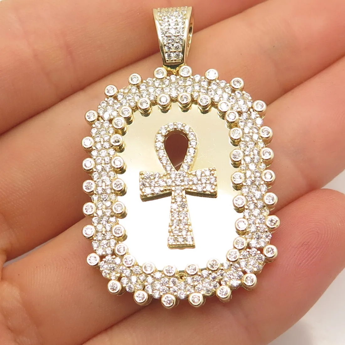 Authentic 925 Sterling Silver Gold Plated Pave C Z Egypt Ankh Cross Pendant