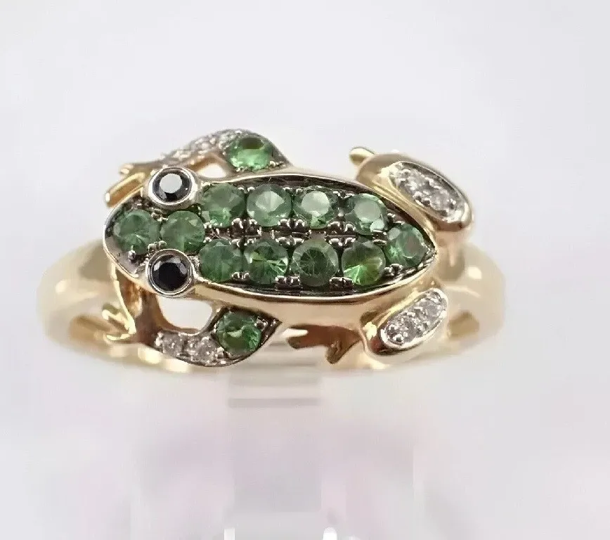 Authentic Lab Created Green Emerald Frog Engagement Ring 1Ct Round 14K Yellow Gold Plated