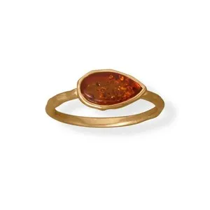 Authentic The Sun- Kissed Tear 24 Karat Gold Plated Pear Baltic Amber Ring