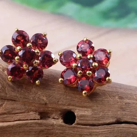 Authentic Crimson Heart Garnet Radiance Studs – 3ct Lab‑Created Red Garnet, 14K Sun‑Kissed Gold Plated Amulets
