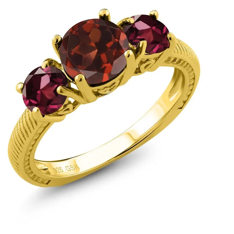 Authentic 2.50 Ct Round Red Garnet Red Rhodolite Garnet 18K Yellow Gold Plated Silver Ring
