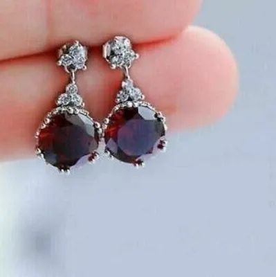 Authentic Mystic's Embrace: 14k White Gold Plated Red Garnet Drop Earrings - A Celestial Dance of Love and Protection