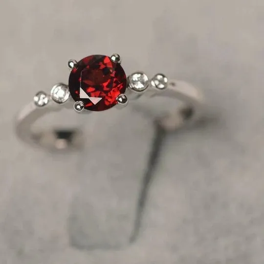 Authentic 2Ct Lab-Created Round Red Garnet  5 Stone Engagement Ring 14K White Gold Plated