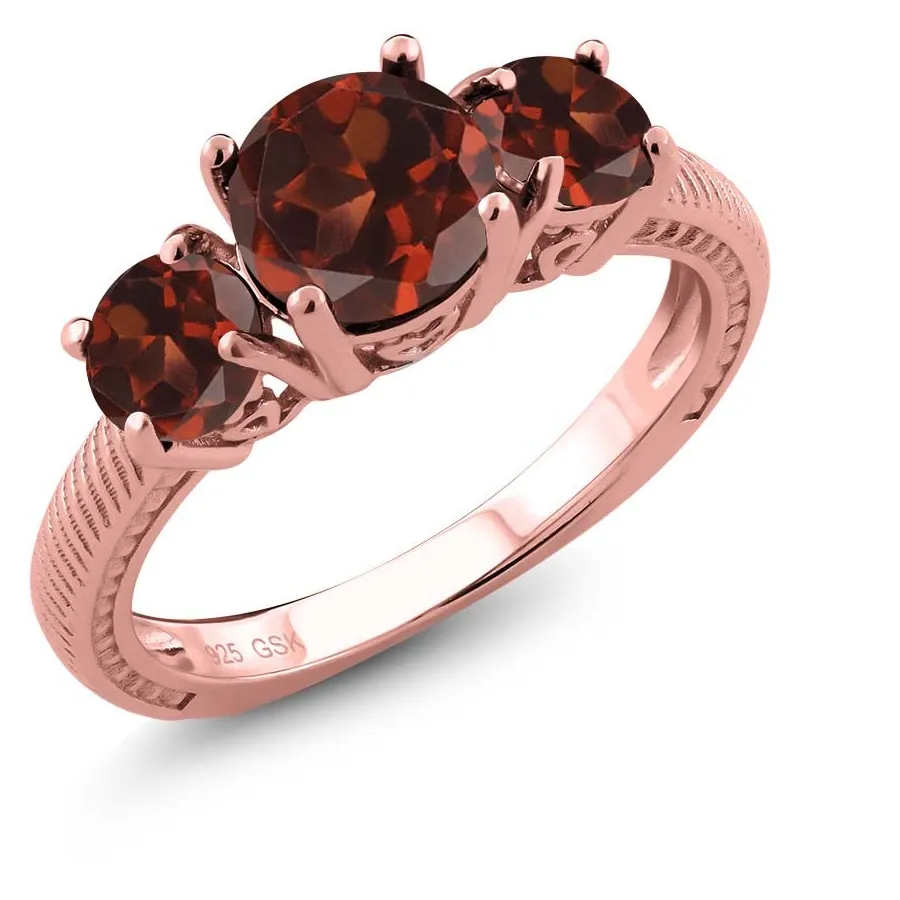 Authentic 3.50 Ct Round Red Garnet 18K Rose Gold Plated Silver Ring